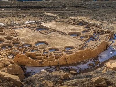 Pueblo Bonito, a massive stone great house in Chaco Canyon in New Mexico